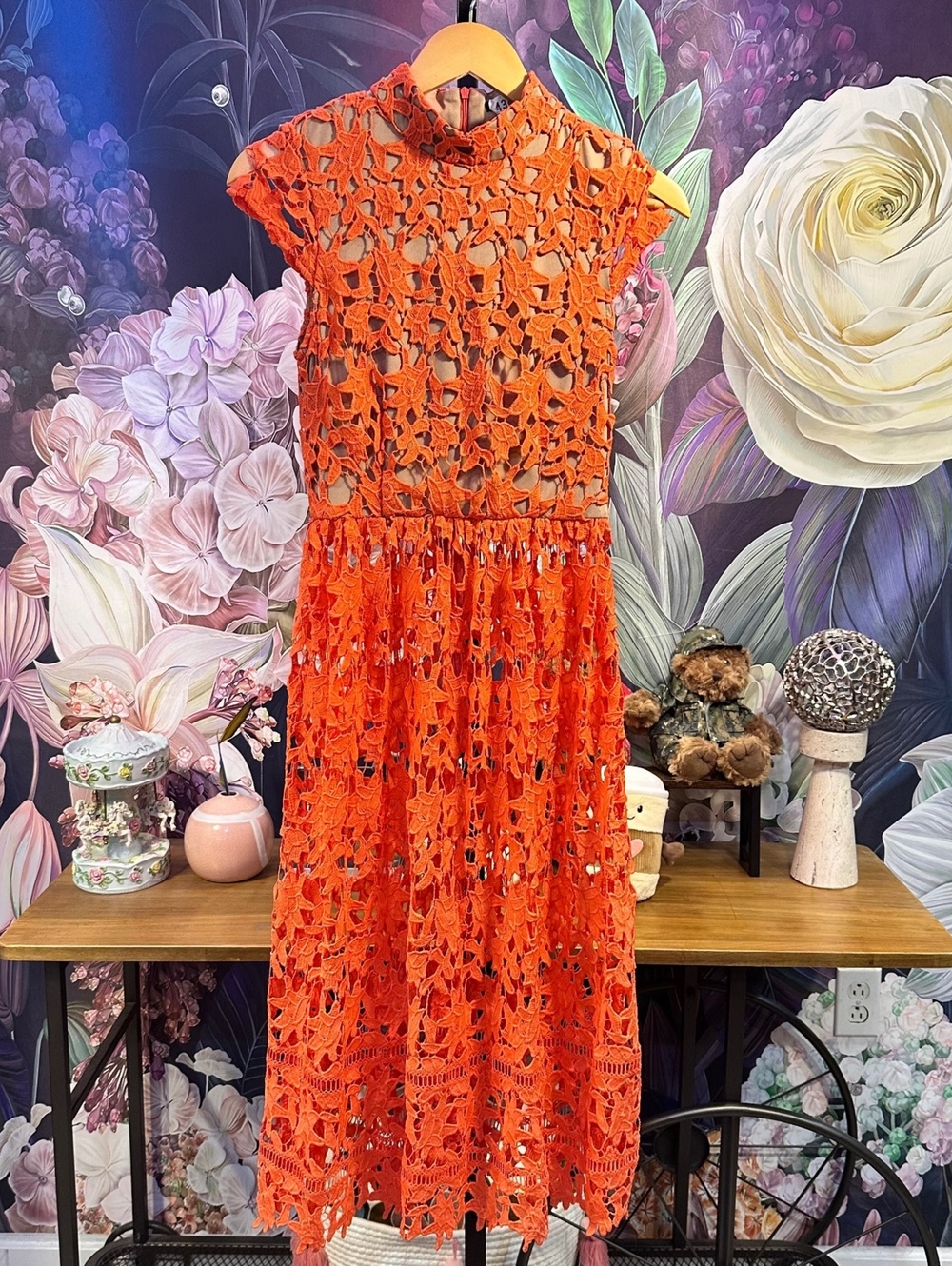 boohoo 4 Dress Fit & Flare Floral Lace Sheer Cap Sleeve Orange